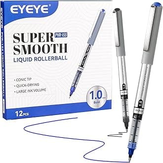 EYEYE 1.0mm Rollerball Pens, 6 Black 6 Blue Roller Ball Pens Bold Point Quick Dry, Liquid Ink Pens Fine Point Smooth Writing Pen for Journaling, Note Taking, Office, School Supplies