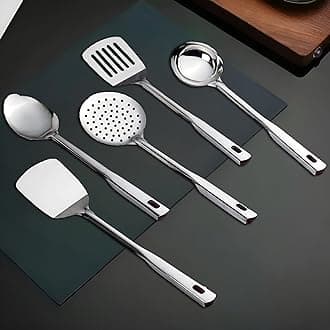 Parage Premium Stainless Steel Kitchen Tool Set for Cooking, Set of 5, Silver (Contains: 1 Ladle, 1 Skimmer,1 Turner, 1 Spatula, 1 Slotted Turner) (Design 2)