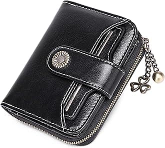 Women's Genuine Leather RFID Blocking Wallet Short Leather Coin Purse with 8 Card Slots 2 ID Window, Metal Pendant and 1 Zip Pocket, A03-Black, S, RFID Wallet