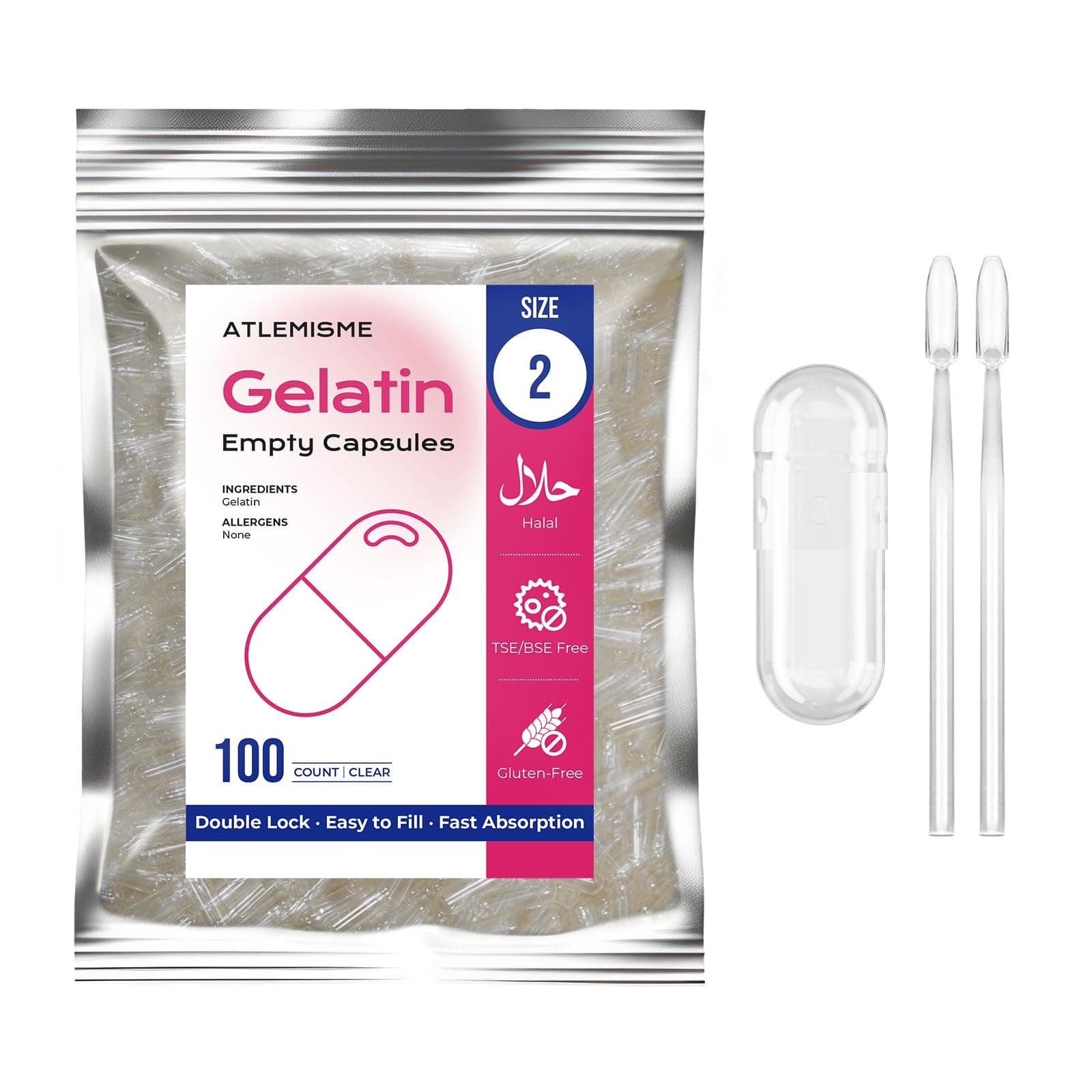 Empty Capsules Size 2 100 Count,Clear Empty Gelatin Capsules Kosher,Halal and Non GMO Certified for DIY Supplements.Hypoallergenic Gel Capsules Empty with 2 Spoons,Adapted to The Capsule Filler