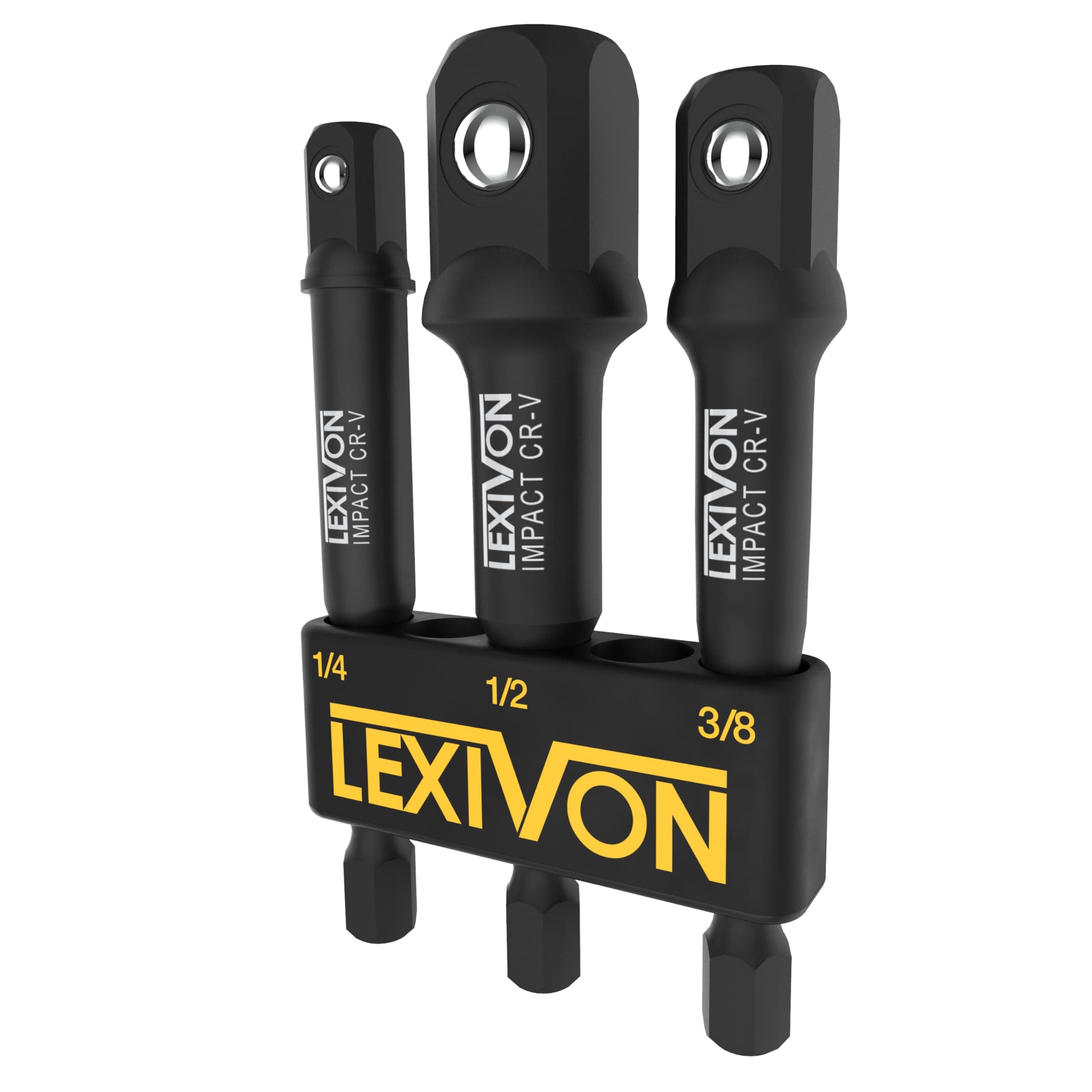 LEXIVON Impact Grade Socket Adapter Set, 3" Extension Bit With Holder | 3-Piece 1/4", 3/8", and 1/2" Drive, Adapt Your Power Drill To High Torque Impact Wrench (LX-101)
