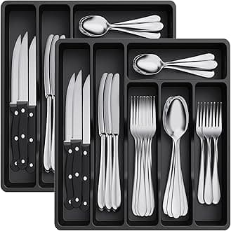 Lifewit2 Pack Cutlery Drawer Organiser, Plastic Cutlery Tray for Kitchen Drawer, Utensil Flatware Silverware Holder Divider for Spoons Forks Knives Tableware, 6 Compartment, Black