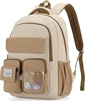 VASCHY Large Backpack for Girls, Cute 18L School Bag Bookbag for Elementary Middle Schooler Teen Girls/Boys/Kids Travel Hiking with Clear Pin Pouch,Khaki