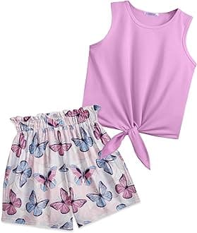 Girl's 2 Piece Outfits Tie Knot Tank Top and Paperbag Waist Pocketed Summer Short Sets