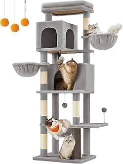 Feandrea Large Cat Tree, 175 cm Tall Cat Tower, Multi-Level Cat Condo with 2 Caves, 2 Baskets, 5 Scratching Posts, Self-Groomer, Perch, Hammock, for Indoor Cats, Dove Grey PCT182G01
