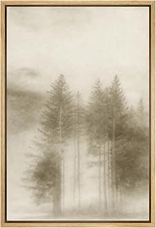 SIGNFORD Framed Canvas Print Wall Art Foggy Pine Grove Tranquil Forest Landscape in Soft Misty Sepia Tones Illustrations Modern Art Decorative for Living Room, Bedroom, Office - 24"x36" Natural