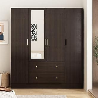 ECACAD Dark Brown Wardrobe Armoire with Mirror, 5-Tier Shelves, 2 Drawers, 2 Hanging Rods and 4 Doors, Wooden Closet Storage Cabinet for Bedroom (63”W x 19.7”D x 70.9”H)
