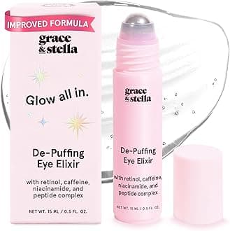 grace & stella Under Eye Brightener Roller - Travel Essentials - Retinol & Caffeine Eye Serum for Puffiness, Dark Circles, Wrinkles - Hydrating & Smoothing - Vegan Skincare (15ml / 0.51 fl oz)