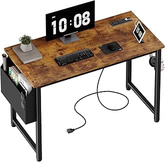 Lufeiya 40 inch Computer Desk with Power Outlet, 39 inch Teen Study Table Home Office Work Writing Desk with Charging Station Outlets Built in, Rustic Brown