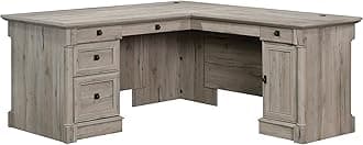 Palladia L Shaped Desk with Drawers, Office Desk with File Cabinet Storage, Cable Management, Keyboard Tray, in Split Oak finish