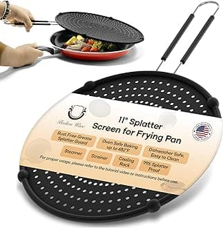 Beckon Ware Oven Safe Silicone Splatter Screen Guard for Frying Pan - 28 cm Multi-Use Skillet Lid Cover Shield, Drain Board and Strainer. Non Stick, Heat Resistant, Black