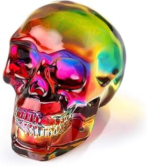 Ornalrist K9 Crystal Plating Multicolor Skull Head Figurines Day of The Dead Decor Gifts for Women, Glass Skull Head Art Halloween Witch Statue with Gifts Box 2.8''