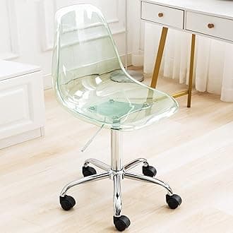 HOMEFUN Clear Desk Chair, Acrylic Rolling Armless Vanity Swivel Height Adjustable Ghost Molded Plastic Home Office Chairs with Wheels, Green
