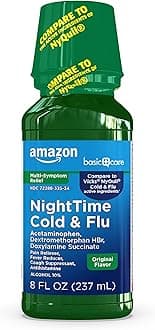 Amazon Basic Care Nighttime Cold & Flu Relief, Maximum Strength Multi-Symptom, Sore Throat, Cough, Fever Reducer, Pain Reliever & Antihistamine Liquid, Original Flavor, 8 fl oz (1-Pack)