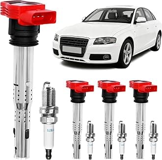 HQPASFY Ignition Coil Pack & Spark Plugs Set of 4 Compatible with Audi A4 A5 TT Volkswagen CC Tiguan & More 2.0L 2.0T Replaces# 06E905115E, UF529, 06E905115A, 06E905115C