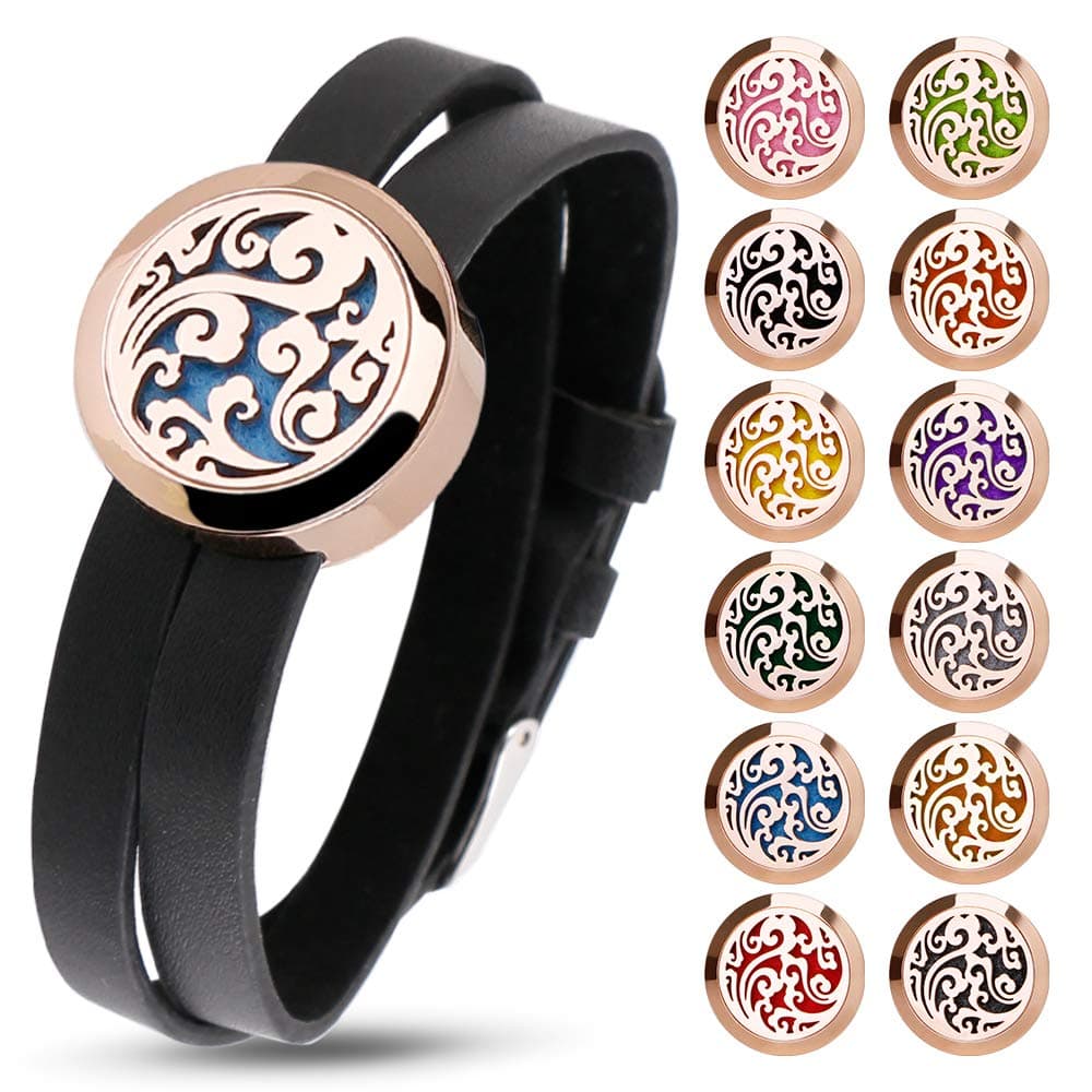 RoyAroma Aromatherapy Essential Oil Diffuser Bracelet, Rose Gold Cloud Pattern Pendant Locket Jewelry, Stainless Steel Locket Bracelet Leather Wristband with 12 Felt Pads