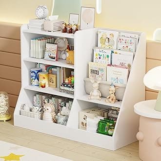 39" Large Kids Wooden Bookshelf and Toy Storage Organizer, Baby Bookcase with Sling Book Rack, Children Toddler Wooden Book Shelf for Kids Rooms, Playroom, Classroom, Nursery, School (White)