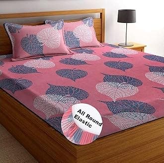 BSB HOME Premium 100% Microfiber Striped Elastic Fitted Bedsheets with 1 King Size Pillow Covers | Double|Queen Bed with All Around Elastic 180 TC Supersoft | Size - 78 X 72+10 inches | Pink & Grey