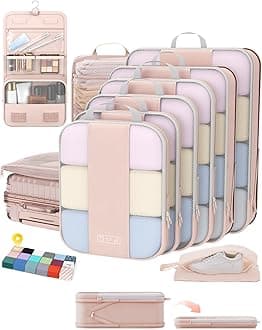 - 10 Set Compression Packing Cubes for Travel Gifts Women Mom,OlarHike Luggage Clothes Organizer for Travelers,Airplane/Cruise/Car/Train Travel Essentials,Compressible Expandable Saver Space Bags(Beige)