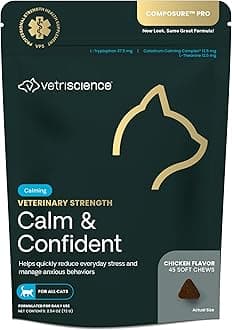 Veterinary Strength Calm & Confident Chews - Stress Supplement for Cats - Supports Brain Function for Cats - with L-Theanine, Thiamine & More - 45 Count