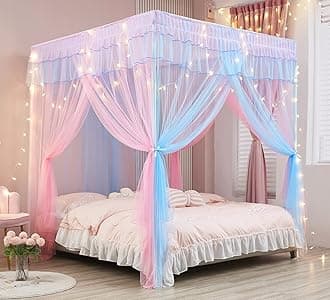 Mengersi Rainbow Canopy Bed Curtains with Lights - Princess Bed Canopy for Girls - Bed Drapes Netting- Bedroom Decoration Accessories,Queen