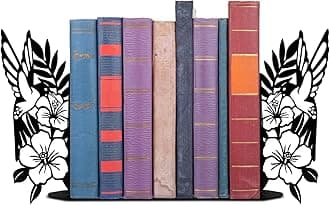 Bird Metal Bookends for Shelves Cute Flower Book Ends for Heavy Books Bookshelf Decorative Objects Office Home Desk Bookshelf Decor Book Lover Hummingbird Gifts for Women (Black)