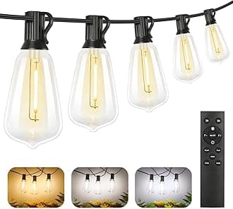 BrighteverDimmable Outdoor String Lights with Remote, 3 Colours in 1 LED Patio Lights for Outside with 25+1 ST38 Edison Bulbs, 50FT 3 Modes Gazebo Lights Waterproof for Camping Deck,