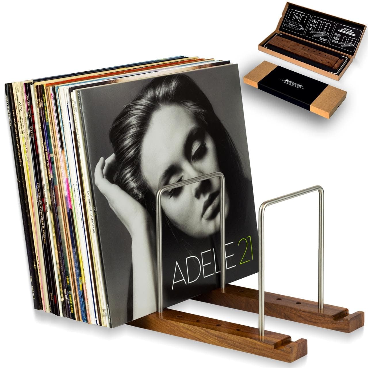 Durable Vinyl Record Storage Holder for 75 LPs, Solid Walnut Record Stand with Built-in Now Playing Display, Sleek Vinyl Record Holder & Display for Album