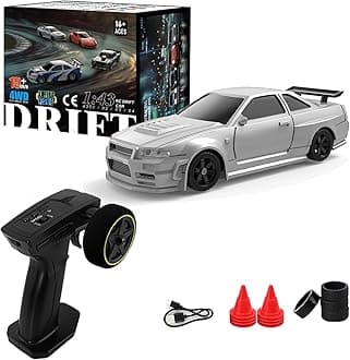 – 1/43 Drift RC Car, Drifty Boyz RC Mini Car for Adults High Speed, Throttle & Steering Full Proportional Control, RTR 2.4Ghz Remote, Simulate LED Car Light, 2 Sets of Tires, 8 Road Cones (Silver)