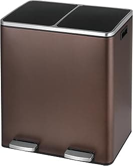 Arlopu Dual Trash Can, 2 x 8 Gallon (2 x 30 L) Hands-Free Trash and Recycle Bin Combo, Stainless Steel Kitchen Garbage Can with Soft-Close Lid, Removable Inner Buckets, Step Pedal, Airtight (Brown)