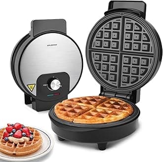 Aigostar Round Waffle Maker with Adjustable Temperature Control, Non Stick Deep Fill Waffle Iron, Belgian & American Waffle Machine, Cool Touch Handle, 1000W, Stainless Steel - Crunchy
