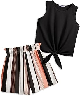 Girl's 2 Piece Outfits Tie Knot Tank Top and Paperbag Waist Pocketed Summer Short Sets