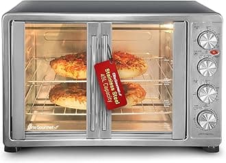 Elite Gourmet ETO4510B French Door 47.5Qt, 18-Slice Convection Oven 4-Control Knobs, Bake Broil Toast Rotisserie Keep Warm, Includes 2 x 14" Pizza Racks, Stainless Steel