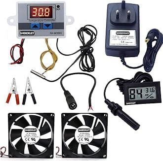 Shockley XH-W3001-50 to 110c Intelligent Digital Thermostat Temperature Controller Combo XH-W3001 (12V Without Direct Output) + 12V 2AMP Adapter + 2 Fan + Alligator Clips + DC Jack + Hygrometer FY-11