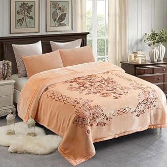 Korean Style Mink Blanket Heavy King Size 87" x 94", 10.5 Pounds Plush Raschel Fleece Blanket for Winter- Soft, Warm, 2 Ply, A&B Printed, Embossed (Flowers Branches Beige)