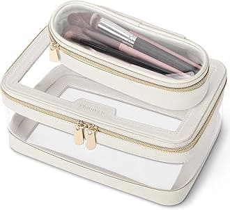 Travel Clear Makeup Bag with Makeup Brush Bag, Leather Makeup Case Toiletry Bag, Portable Cosmetic Bag Case, Transparent Waterproof Cosmetic Organizer Storage Bag for Women, Off-White