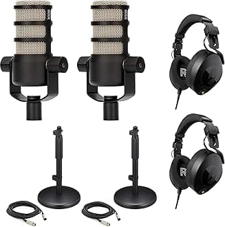 Rode PodMic Dynamic Podcasting Microphones (Pair) with DS1 Microphone Desk Stands, NTH-100 Professional Closed-Back Over Ear Headphones, XLR Cables and StreamEye Polishing Cloth