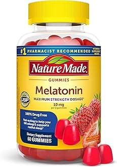 Nature Made Melatonin 10mg per serving Gummies, Maximum Strength Dosage, 100% Drug Free Sleep Aid for Adults, 60 Melatonin Gummies, 30 Day Supply