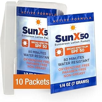 Sun X 50 SPF Broad Spectrum Sunscreen Packets w/Carrying Case - Pack of 10 Paraben, Oxybenzone, Octinoxate, & Oil Free Sunscreen - No White Cast and Water Resistant up to 80 Minutes