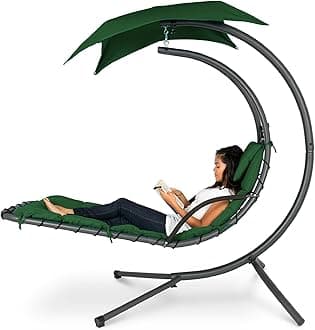 Best Choice Products Outdoor Hanging Curved Steel Chaise Lounge Chair Swing w/Built-in Pillow and Removable Canopy - Green