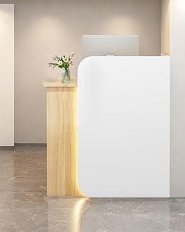 Reception Desk Office Checkout Counter, Modern Front Desk Reception Counter Desk With Lockable Drawer Simple Retail Counter For Retail, Lobby, Beauty Salon Clothing Store(Woodgrain+White,24"Lx18"Wx39"