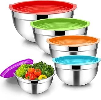 – Homikit Stainless Steel Mixing Bowls with Airtight Lids, 5 Piece Nesting Salad Bowls for Space-Saving Storage, Metal Serving Bowl for Kitchen Baking/Cooking/Prepping, Size 0.7/1/1.5/2.6/4.6QT