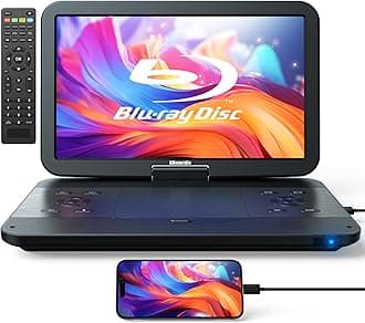 17.6" Portable Blu Ray DVD Player with 15.4" Large Screen, HDMI in/Out, Sync Screen, 4000mAh Rechargeable Battery, 1080P MP4 MKV Video, Surround Audio, USB/TF Card(Include HDMI Cable)