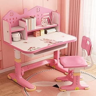 Kids Desk and Chair Set,Height Adjustable Student Study Table with Drawable Desktop,Book Stand,Bookshelf,Drawer,for Writing Reading Drawing,Study Desk Study Table and Chair for Boys Girls (Pink A)