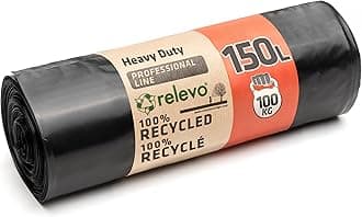 Relevo Professional Heavy Duty Black Bin Bags – 150L (Width 80 cm × Height 110 cm), 10 Bags per Roll | Extra Strong & Leak-Proof | 75 µm (Microns) | 100% Recycled LDPE