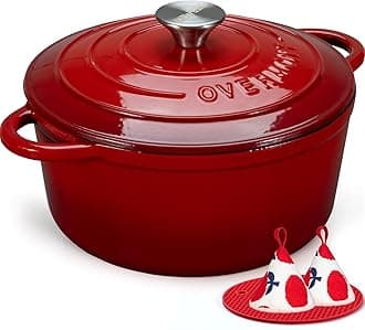 Overmont 5.5QT Enameled Cast Iron Dutch Oven with Lid Cookbook Heavy-Duty Casserole with Dual handles for Braising, Stews, Roasting, Sourdough Baking