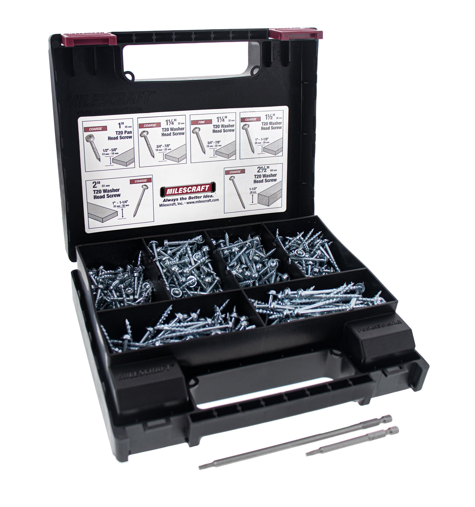 Milescraft 5200 Pocket Screw Kit- 700 Pieces T20 Pocket Hole Zinc Coated Screw Kit with 6 sizes of screws, 3in and 6in T20 Torx Drivers Included- All Screws needed for Pocket Hole