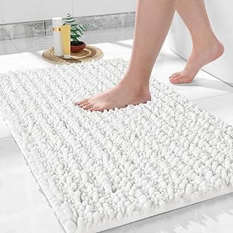 Yimobra Bathroom Rugs Non Slip Washable 32x20 Inch - Ultra Soft Absorbent Chenille Bath Mat, Quick Dry Shaggy Floor Carpet for Tub Shower, White Home Decor Accessories