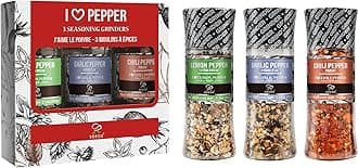 Soeos Spice Seasoning Set of 3, 4.98 oz(142 g), with Integrated Grinders, Salt and Pepper Grinder Set, Spicy Garlic, Garlic & Herbs, BBQ Seasoning Gift Set, Seasonings Gift Set