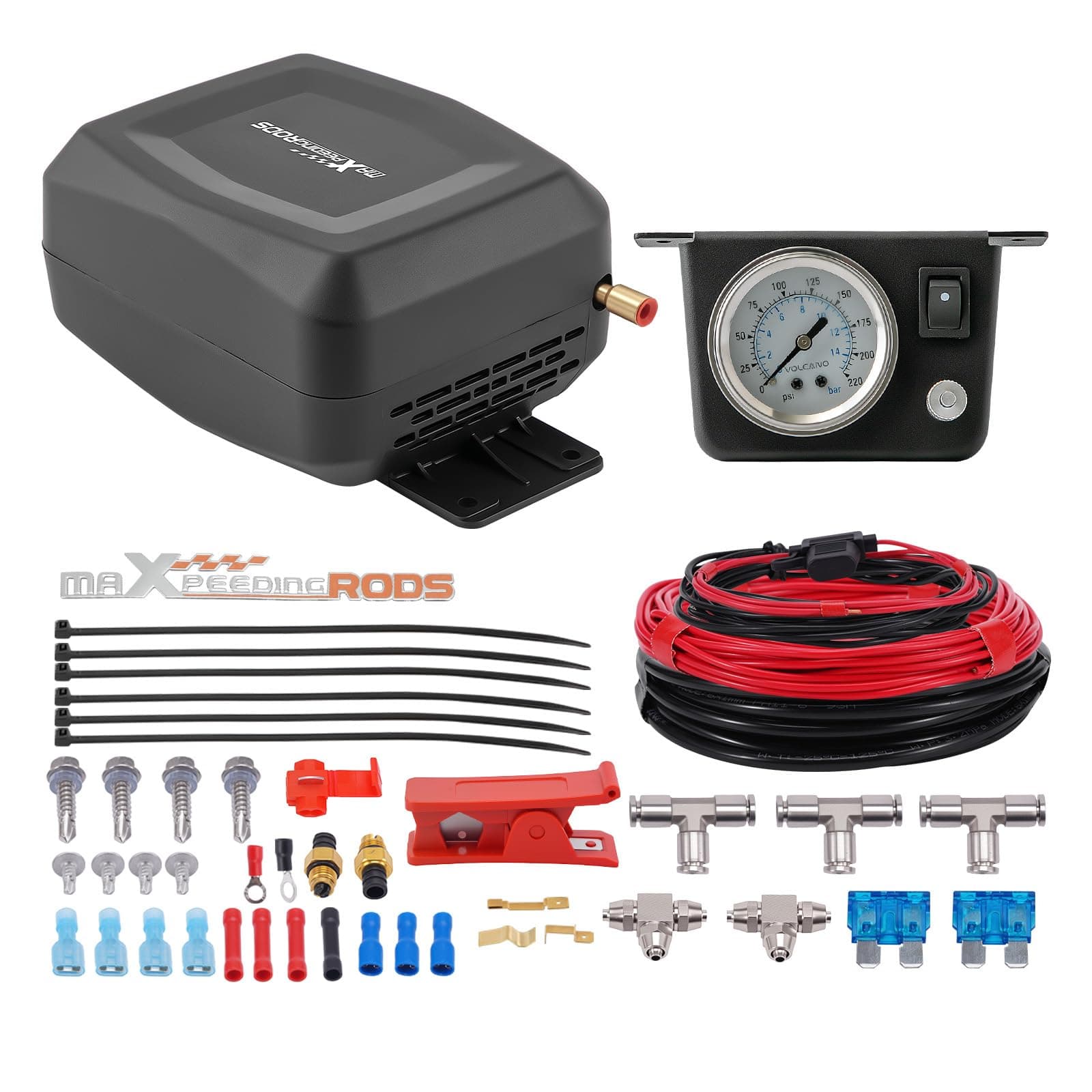 maXpeedingrods On Board Air Compressor System Universal Air Spring Compressor Kit with Gauge Air Line T Fittings for Trucks Vans